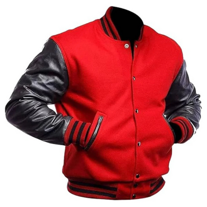 Red Faux Leather Sleeves Varsity Jacket