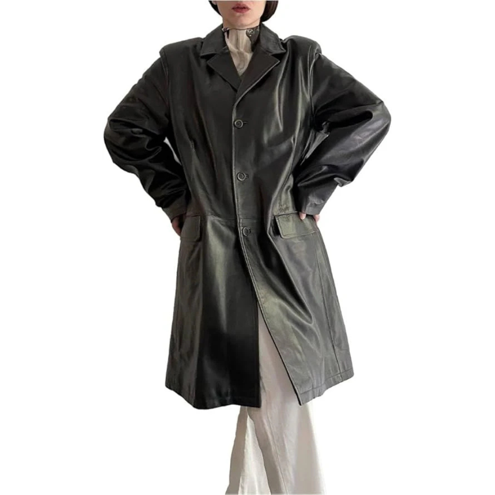 Retro Black Leather Trench Coat