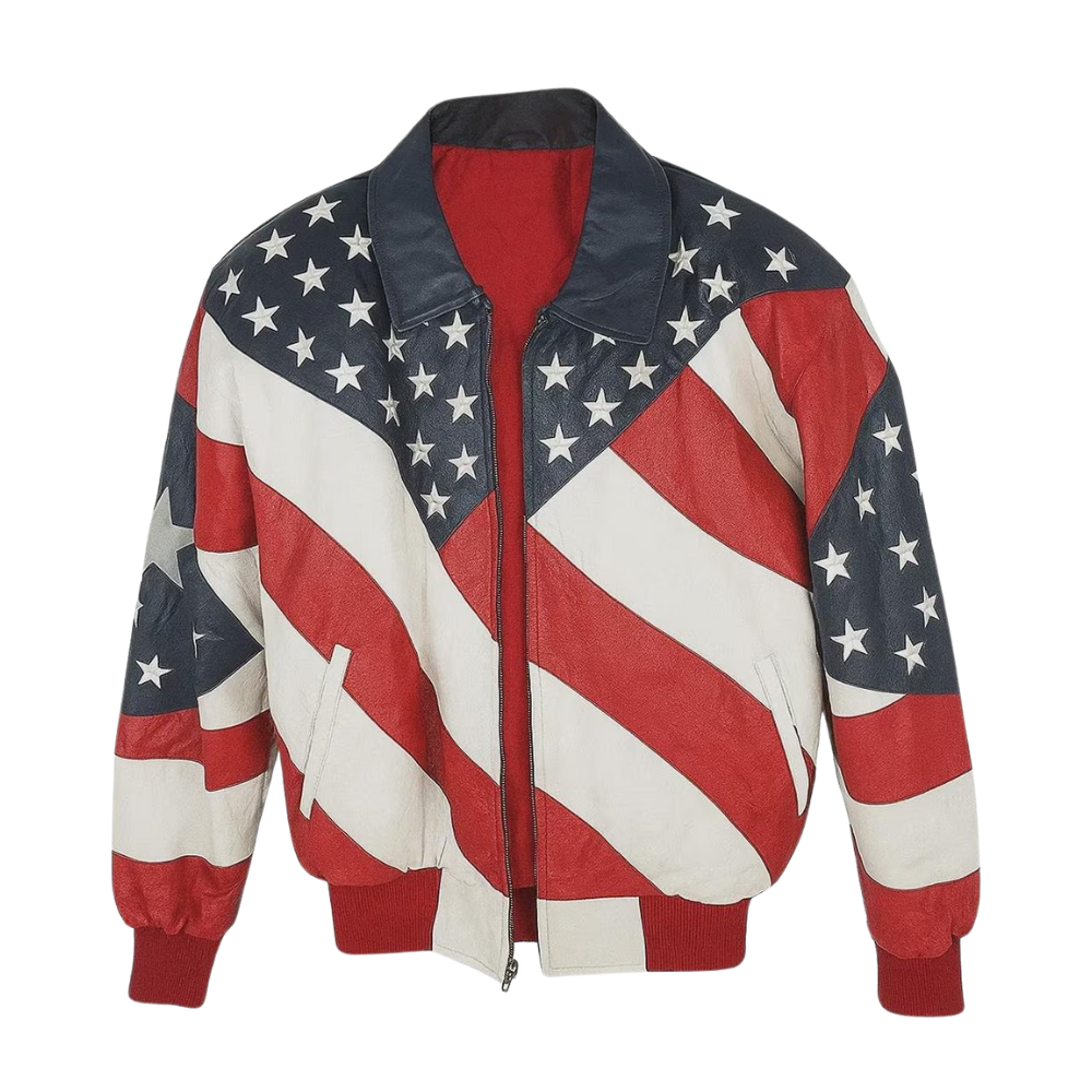 Retro Biker Jacket, USA Flag Coat, Mens Leather, Michael Style, Genuine Leather