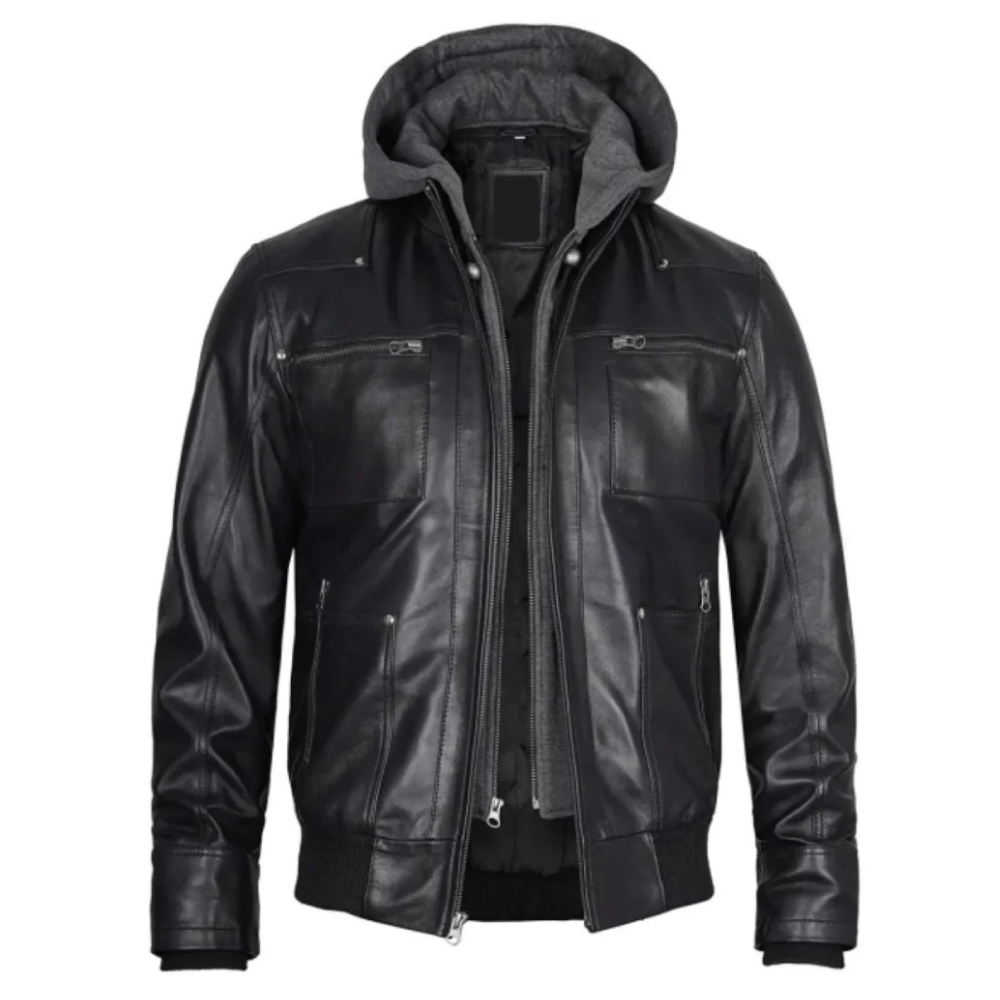 Rugged Black Hoodie Bomber Jacket