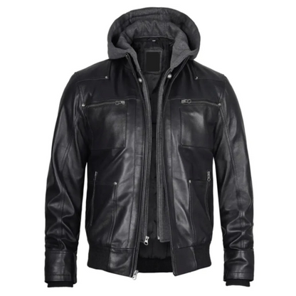 Rugged Black Hoodie Bomber Jacket