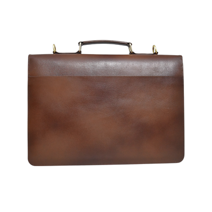 Brown cowhide leather briefcase with a top handle, adjustable shoulder strap, and gold-tone lock closure on the front flap