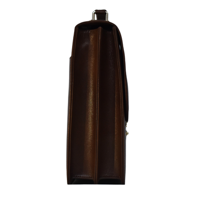 Brown cowhide leather briefcase with a top handle, adjustable shoulder strap, and gold-tone lock closure on the front flap
