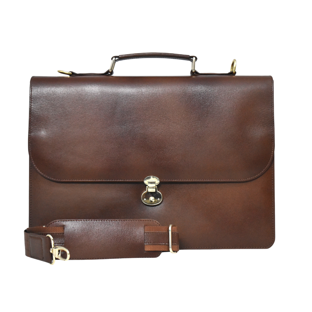 Brown cowhide leather briefcase with a top handle, adjustable shoulder strap, and gold-tone lock closure on the front flap