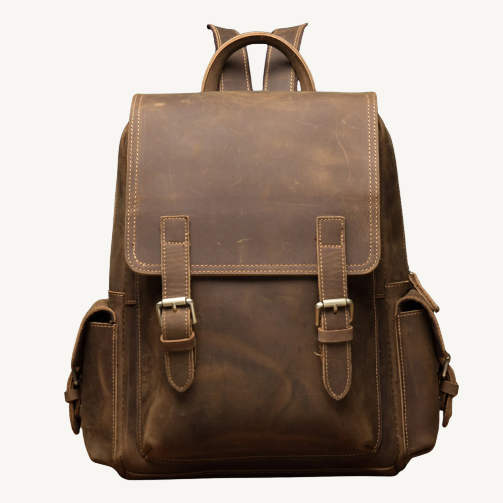 Vintage Full-Grain Leather Roll-Top Backpack for Women