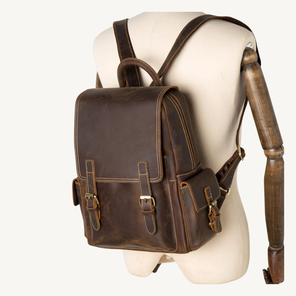 Vintage Full-Grain Leather Roll-Top Backpack for Women
