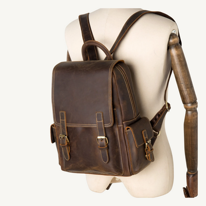 Vintage Full-Grain Leather Roll-Top Backpack for Women