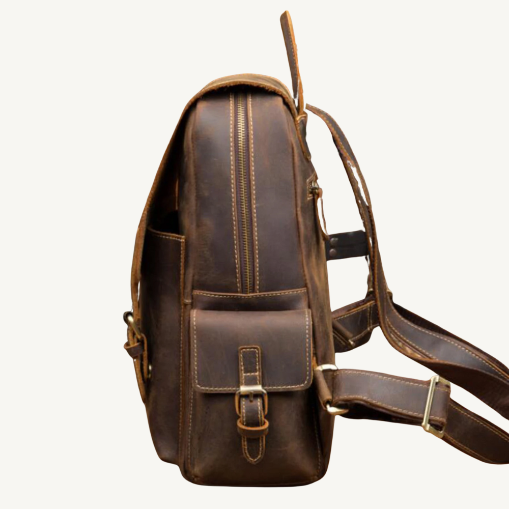 Vintage Full-Grain Leather Roll-Top Backpack for Women