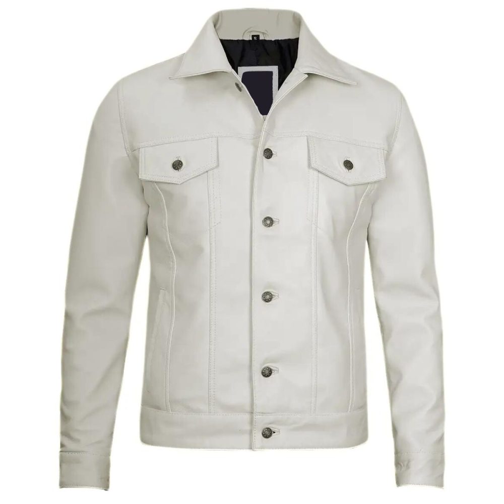 White Leather Trucker Biker Jacket