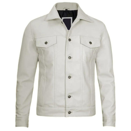 White Leather Trucker Biker Jacket