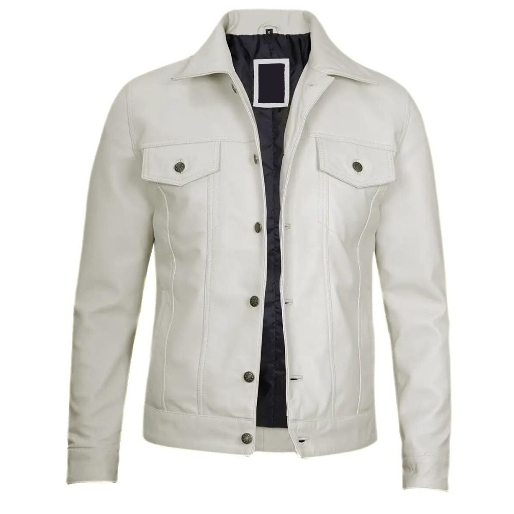 White Leather Trucker Biker Jacket