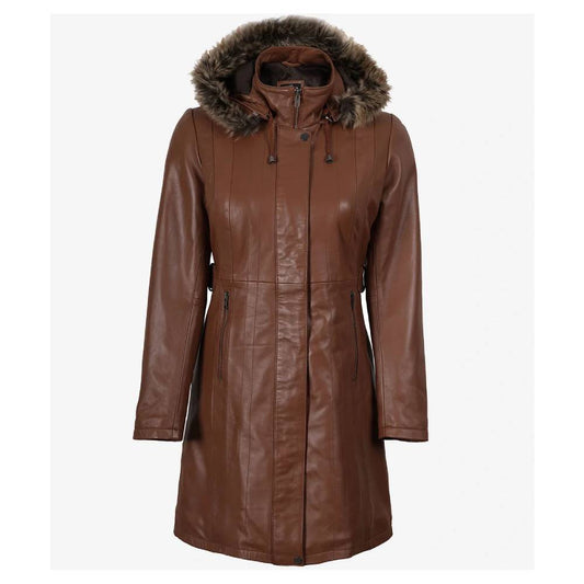 Classic Brown Real Lambskin Leather Jacket for women with removable faux shearling hood and snap-button closure.