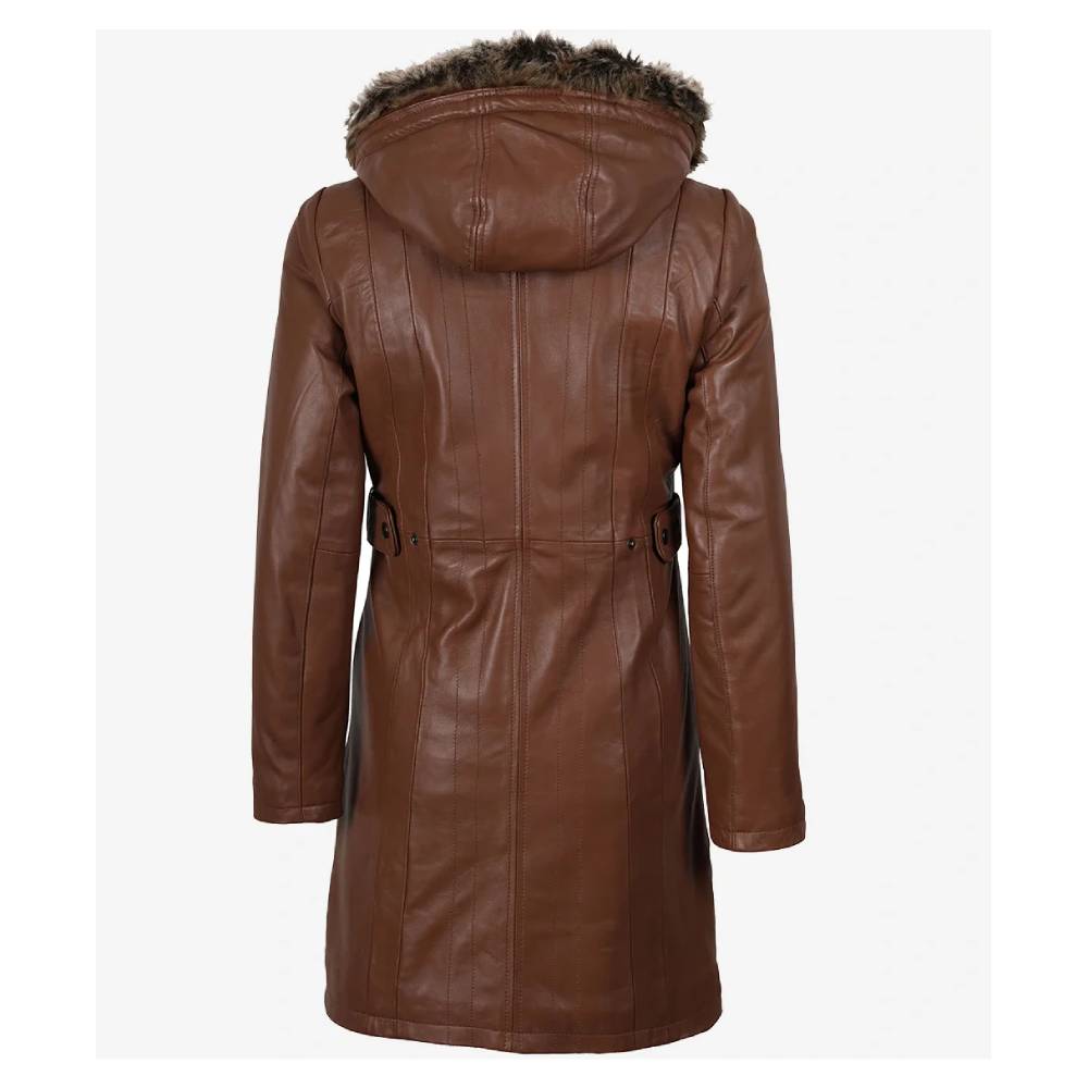 Classic Brown Real Lambskin Leather Jacket for women with removable faux shearling hood and snap-button closure.