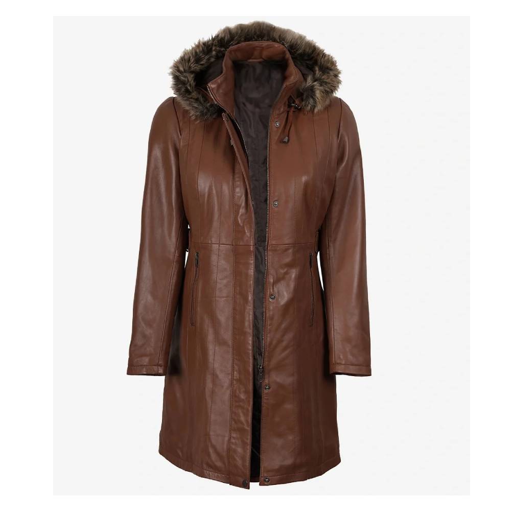 Classic Brown Real Lambskin Leather Jacket for women with removable faux shearling hood and snap-button closure.