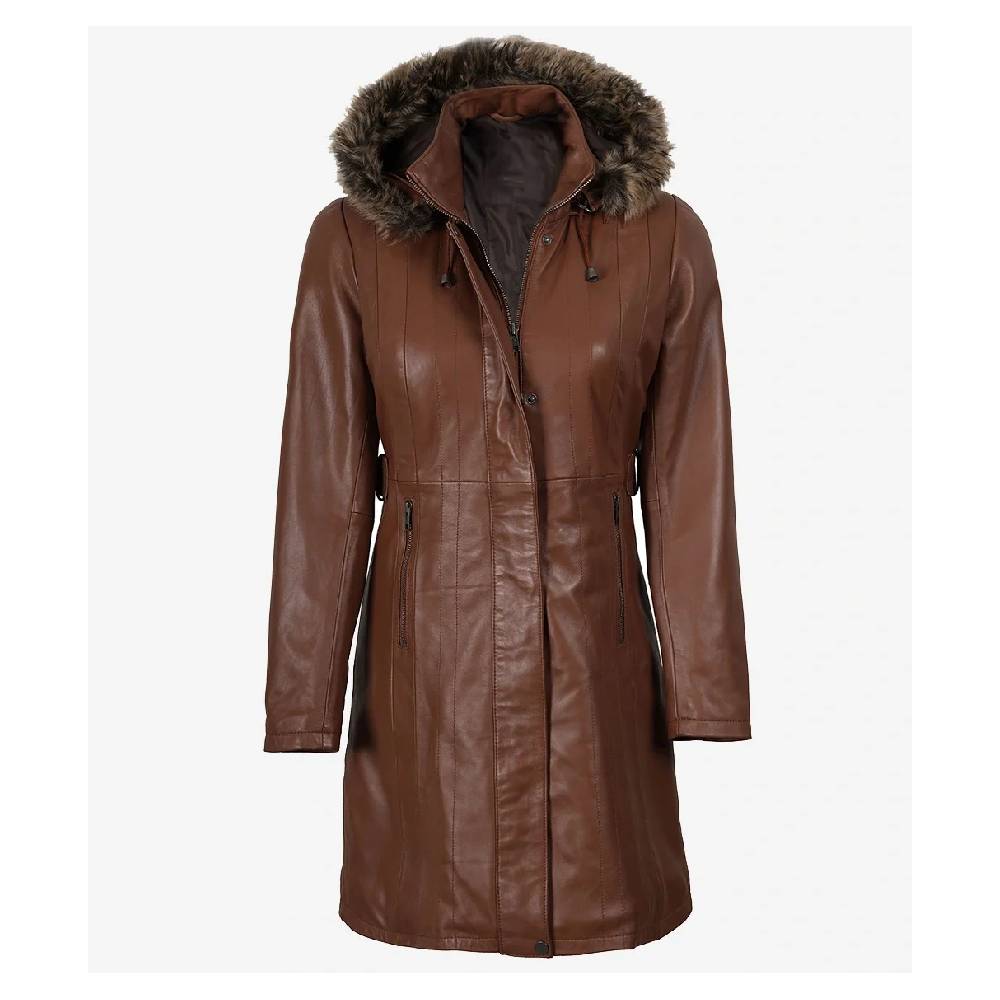 Classic Brown Real Lambskin Leather Jacket for women with removable faux shearling hood and snap-button closure.