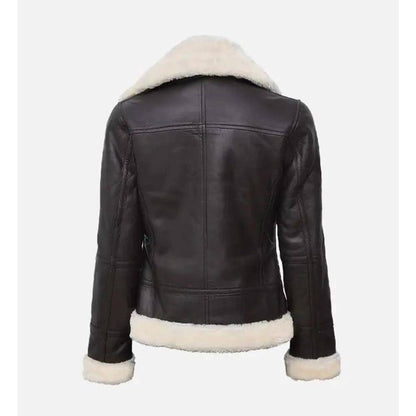 Women's Dark Brown Real Lambskin Leather Aviator Jacket with Faux Shearling Collar and Cuffs.