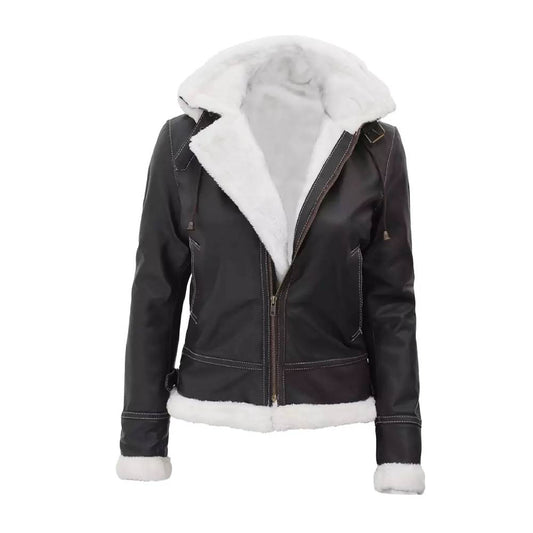 Dark Brown Faux Leather Women's Jacket with Soft Shearling Lining and Removable Hood.