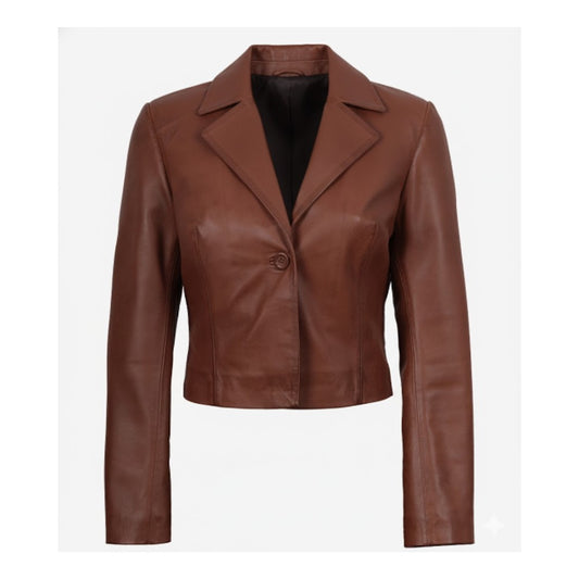 Women's Single-Button Brown Leather Jacket