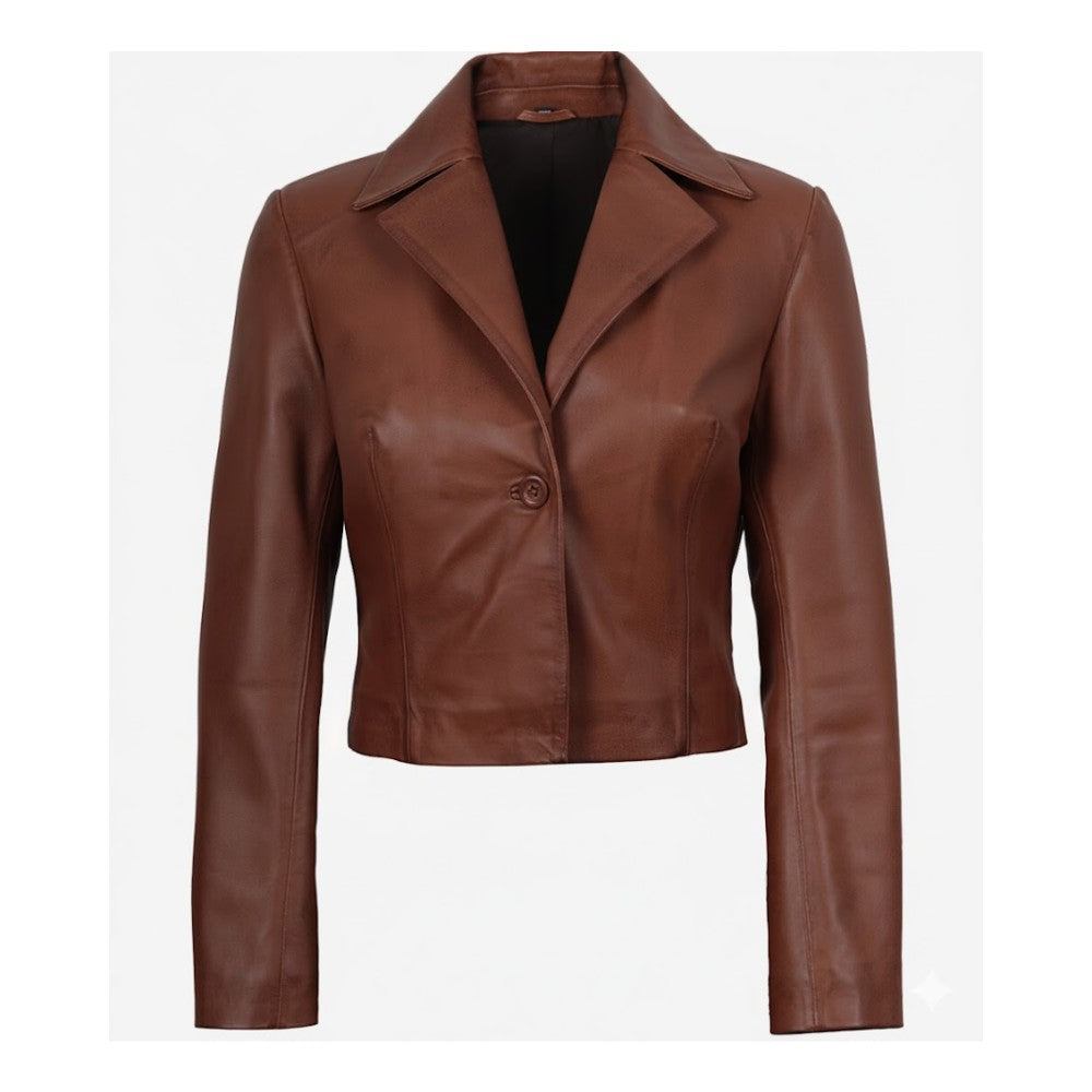 Women's Single-Button Brown Leather Jacket