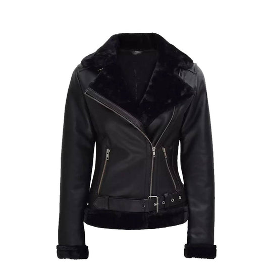 Black Real Lambskin Leather Biker Jacket with Asymmetrical Zip and Faux Shearling Lining.