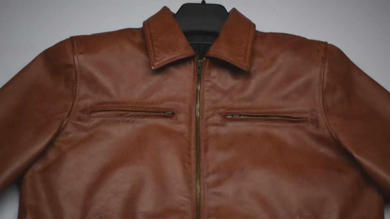Premium men’s tan brown genuine leather jacket with classic shirt collar and slim fit design
